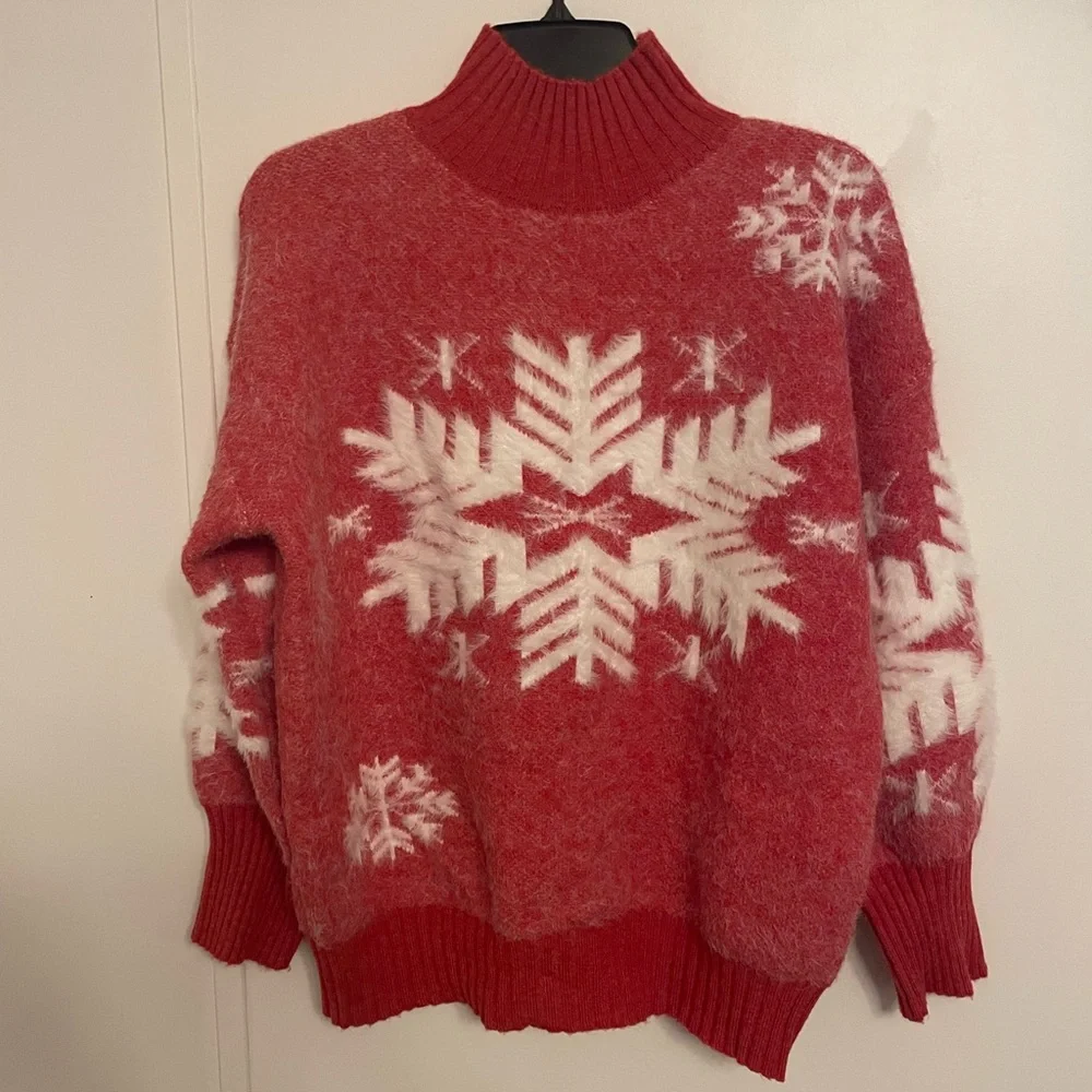 Cabincore Winter Red Snowflake Turtleneck Sweater Soft Cozy Size S/M - Picture 1 of 8